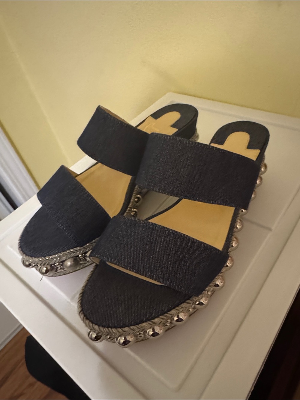 Christian Louboutin Denim Double-Strap Espadrille Sandals with Silver Studs